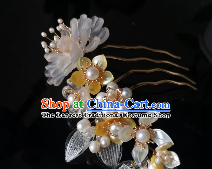 China Ancient Palace Lady Pearls Hairpin Ming Dynasty Shell Flowers Hair Comb Traditional Hanfu Hair Accessories