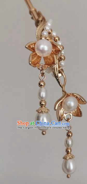 China Tang Dynasty Pearls Tassel Hair Stick Traditional Hanfu Hair Accessories Ancient Court Woman Golden Hairpin