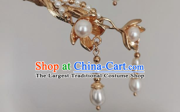 China Tang Dynasty Pearls Tassel Hair Stick Traditional Hanfu Hair Accessories Ancient Court Woman Golden Hairpin