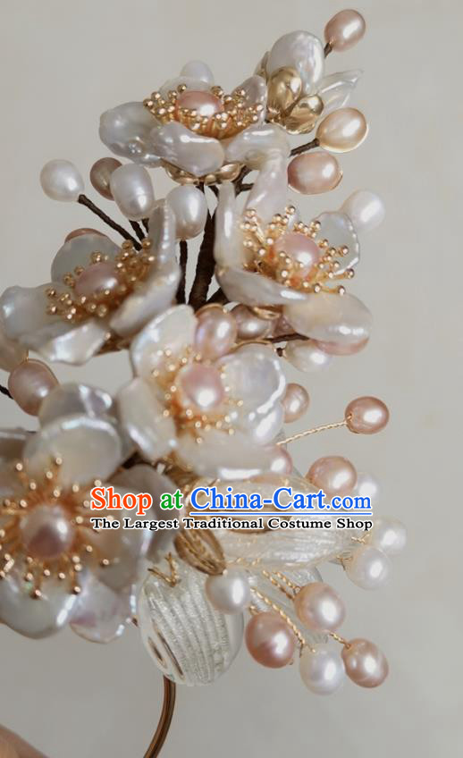 China Traditional Song Dynasty Hanfu Hair Accessories Ancient Court Woman Shell Plum Hairpin Handmade Pearls Hair Stick