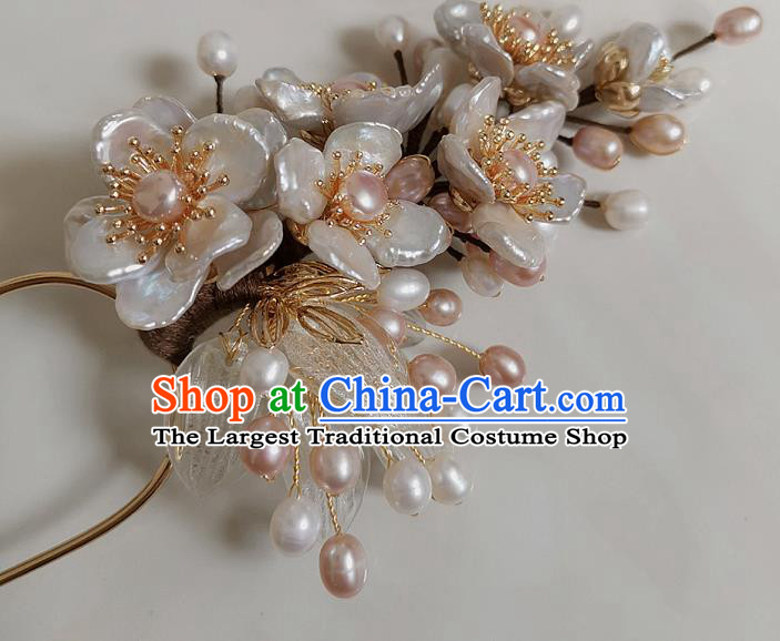 China Traditional Song Dynasty Hanfu Hair Accessories Ancient Court Woman Shell Plum Hairpin Handmade Pearls Hair Stick