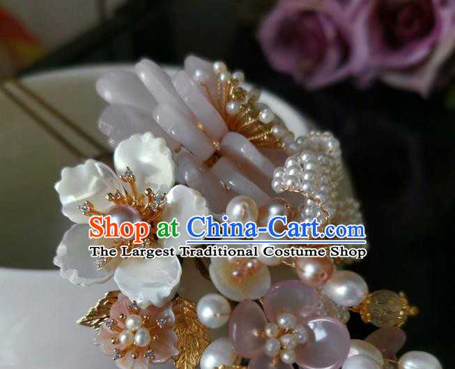 China Traditional Ming Dynasty Hanfu Hair Accessories Ancient Court Woman Rose Quartz Hairpin Handmade Pearls Hair Stick