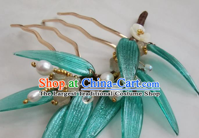 China Handmade Bamboo Leaf Hair Comb Traditional Ming Dynasty Hanfu Hair Accessories Ancient Court Lady Pearls Tassel Hairpin