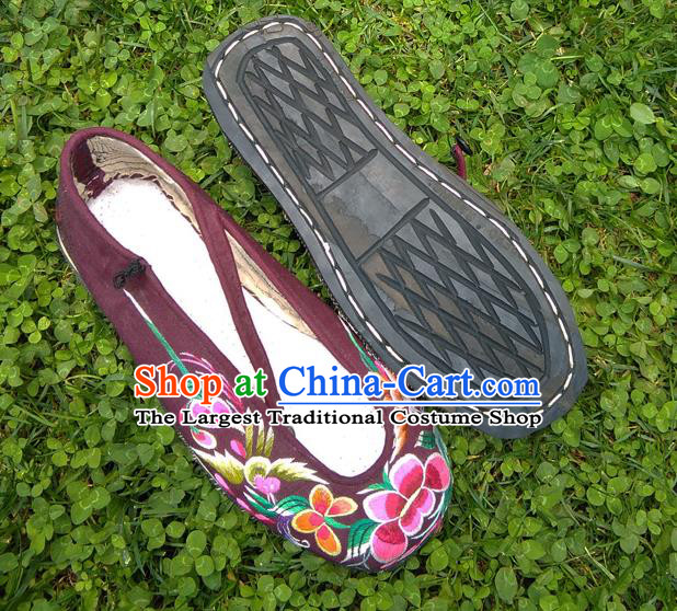 Chinese Yunnan Ethnic Shoes National Embroidered Shoes Handmade Wine Red Cloth Shoes Traditional Yi Nationality Shoes