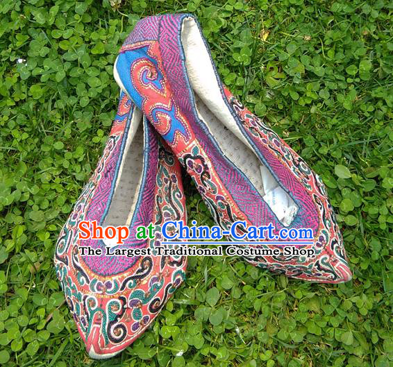 Chinese Traditional Yi Nationality Shoes Yunnan Ethnic Shoes National Embroidered Shoes Handmade Violet Brocade Shoes