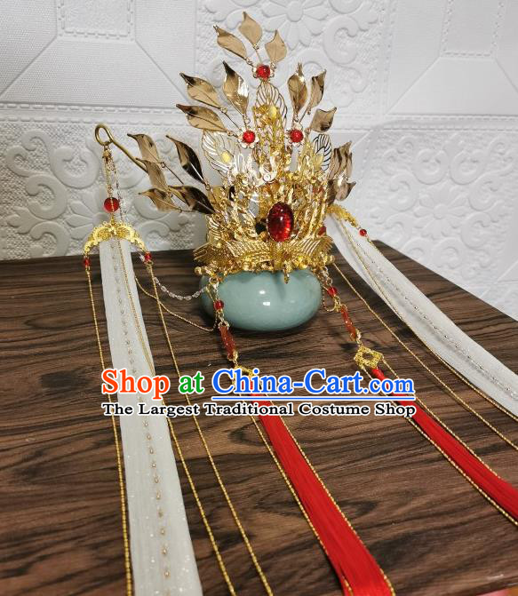 Chinese Traditional Cosplay Swordsman Hair Accessories Ancient Crown Prince Golden Hair Crown