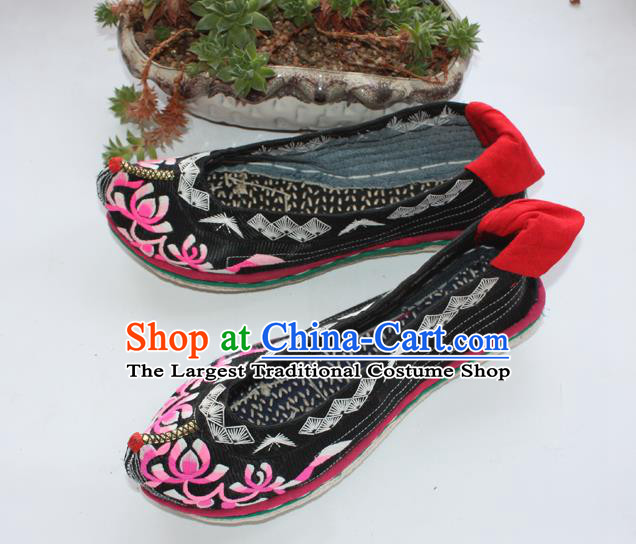 Chinese National Strong Cloth Soles Shoes Ethnic Woman Shoes Handmade Black Satin Embroidered Shoes Traditional Yi Nationality Shoes