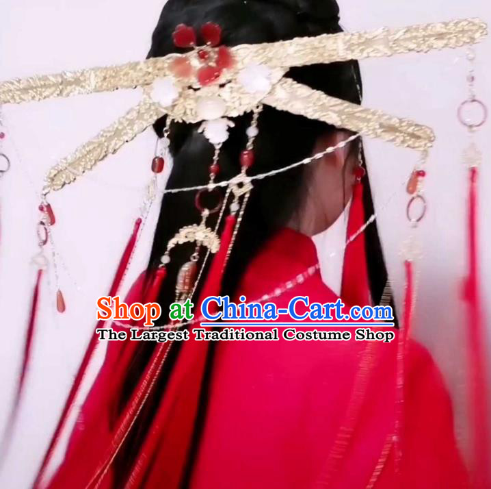 China Handmade Golden Crown Traditional Hanfu Wedding Hair Accessories Ancient Swordswoman Headdress