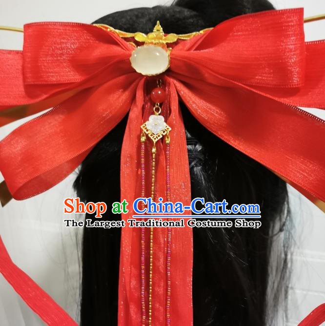 China Traditional Hanfu Cosplay Swordswoman Hair Accessories Ancient Young Beauty Headdress Handmade Red Ribbon Hair Crown