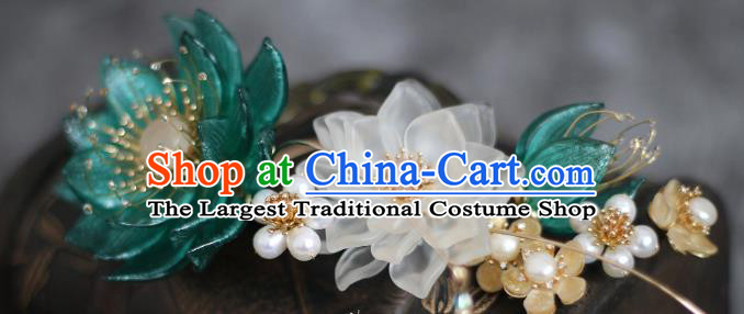 China Ming Dynasty Young Lady Green Lotus Hair Stick Traditional Hanfu Headpiece Ancient Princess Pearls Hairpin