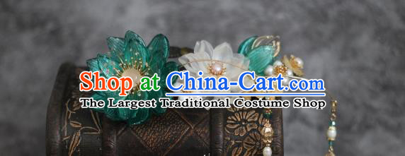 China Ming Dynasty Young Lady Green Lotus Hair Stick Traditional Hanfu Headpiece Ancient Princess Pearls Hairpin