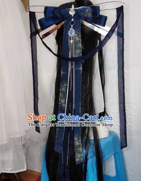 China Ancient Fairy Headdress Handmade Navy Ribbon Hair Comb Traditional Hanfu Cosplay Swordswoman Hair Accessories