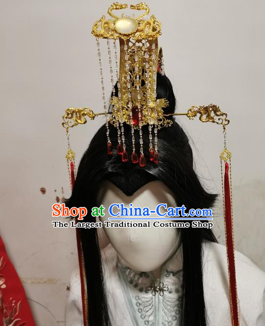 Chinese Cosplay Swordsman Hair Accessories Ancient King Golden Hair Crown Traditional Qin Dynasty Emperor Headwear