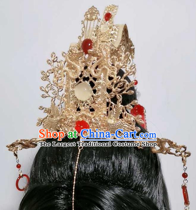 Chinese Ancient Prince Golden Hair Crown Traditional Hanfu Wedding Headdress Cosplay Swordsman Tassel Hair Accessories