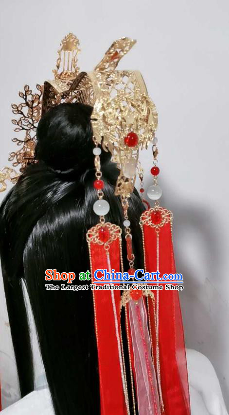 Chinese Ancient Prince Golden Hair Crown Traditional Hanfu Wedding Headdress Cosplay Swordsman Tassel Hair Accessories