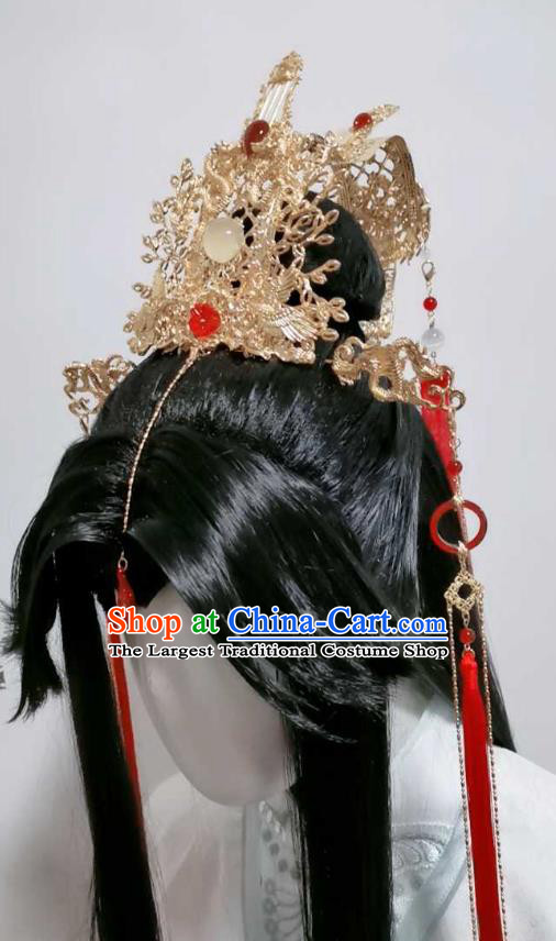 Chinese Ancient Prince Golden Hair Crown Traditional Hanfu Wedding Headdress Cosplay Swordsman Tassel Hair Accessories