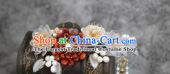 China Ancient Princess Pearls Hairpin Ming Dynasty Young Lady Agate Chrysanthemum Hair Stick Traditional Hanfu Headpiece