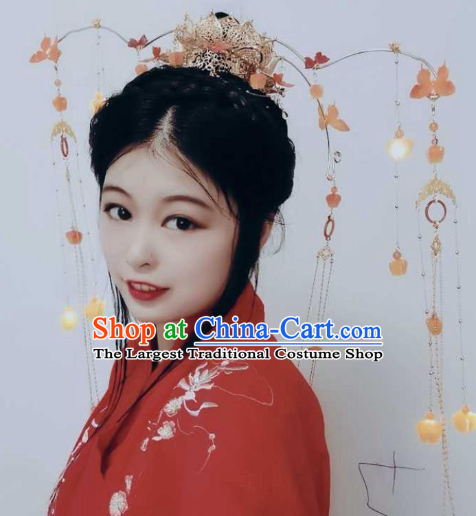 China Cosplay Swordswoman Hair Accessories Ancient Fairy Lanterns Headdress Handmade Traditional Hanfu Golden Lotus Hai Crown