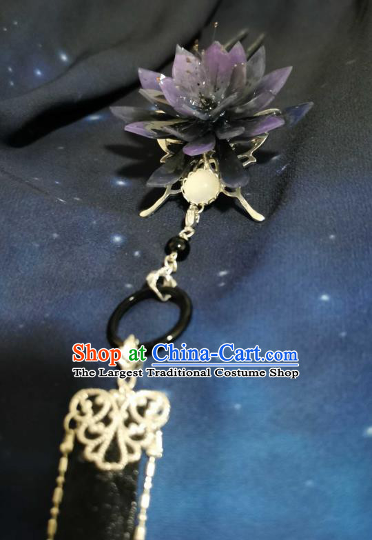 China Ancient Fairy Purple Lotus Hairpin Cosplay Swordswoman Hair Accessories Handmade Traditional Hanfu Black Ribbon Tassel Hair Stick