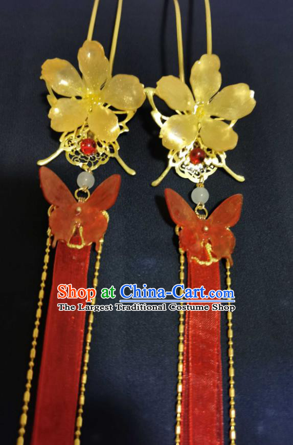 China Handmade Traditional Hanfu Red Ribbon Tassel Hair Stick Ancient Fairy Peach Blossom Hairpin Cosplay Swordswoman Hair Accessories