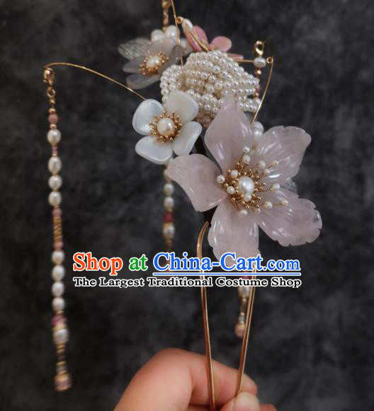 China Ancient Princess Peach Blossom Hairpin Ming Dynasty Pearls Hair Stick Traditional Hanfu Hair Accessories