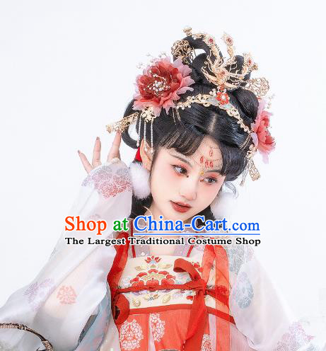 China Tang Dynasty Red Silk Peony Hair Stick Handmade Traditional Hanfu Hair Accessories Ancient Princess Hairpin