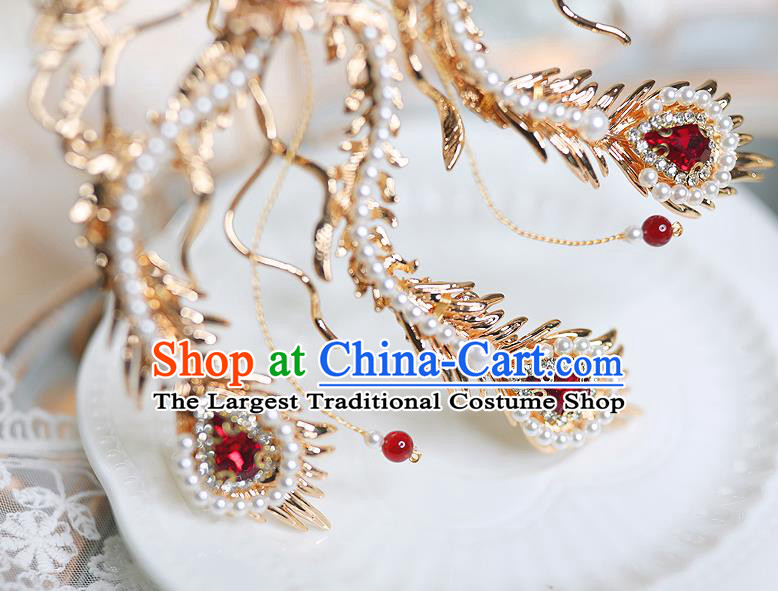 China Ming Dynasty Court Lady Golden Phoenix Hair Crown Handmade Traditional Hanfu Hair Accessories Ancient Empress Pearls Hairpin