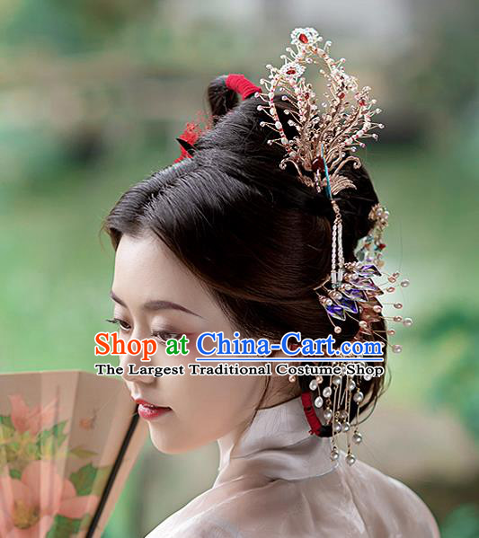 China Ancient Empress Phoenix Hairpin Handmade Ming Dynasty Court Lady Golden Hair Crown Traditional Hanfu Hair Accessories