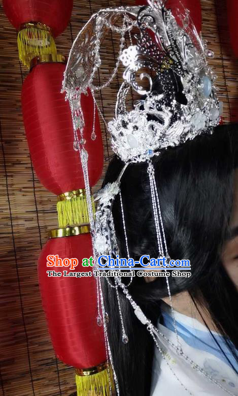 Chinese Ancient Prince Argent Hair Crown Traditional Hanfu Headwear Cosplay Swordsman Chu Wanning Hair Accessories