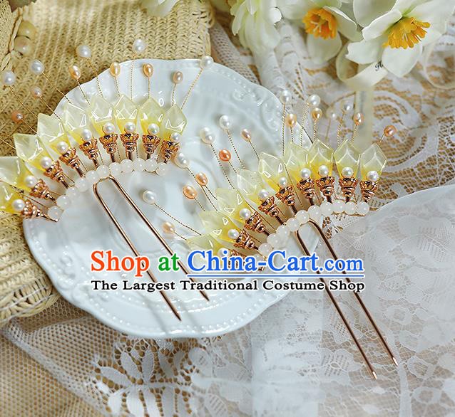 China Handmade Ancient Princess Yellow Flower Petals Hairpin Traditional Ming Dynasty Hair Stick