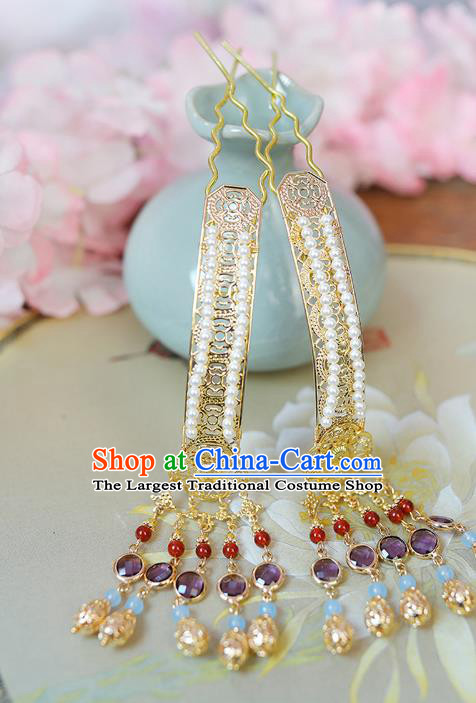 China Traditional Ming Dynasty Empress Pearls Hairpins Handmade Ancient Court Woman Purple Crystal Tassel Hair Sticks