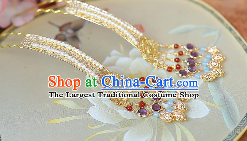 China Traditional Ming Dynasty Empress Pearls Hairpins Handmade Ancient Court Woman Purple Crystal Tassel Hair Sticks