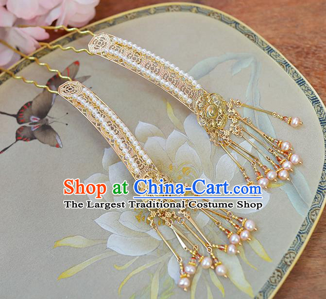 China Handmade Ancient Court Queen Pearls Tassel Hair Sticks Traditional Ming Dynasty Empress Golden Hairpins