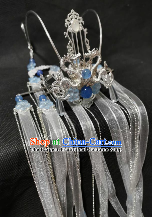 Chinese Cosplay Swordsman Argent Hair Accessories Ancient Prince Hair Crown Traditional Hanfu Ribbon Tassel Headwear