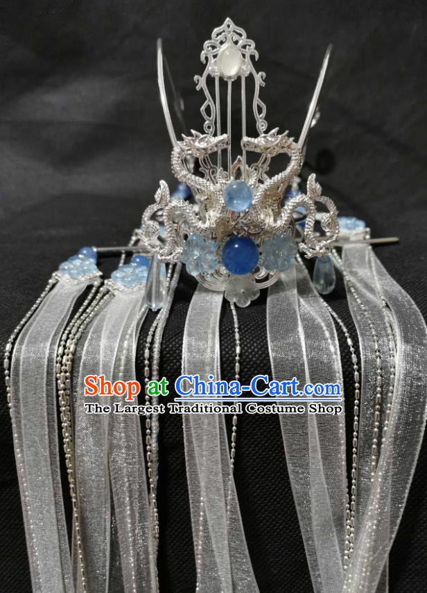 Chinese Cosplay Swordsman Argent Hair Accessories Ancient Prince Hair Crown Traditional Hanfu Ribbon Tassel Headwear
