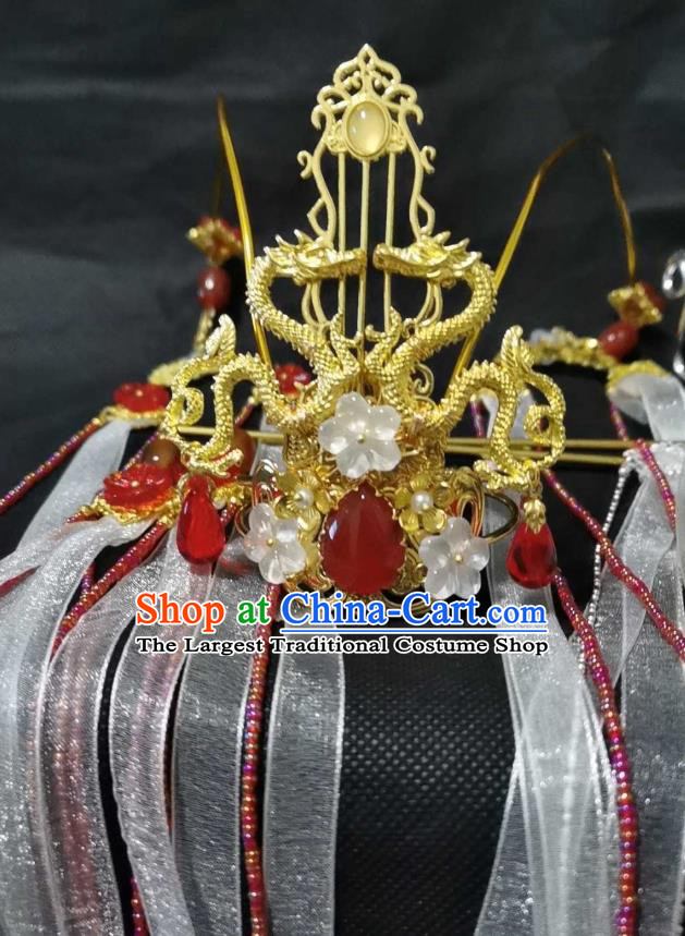 Chinese Traditional Hanfu Ribbon Tassel Headwear Cosplay Swordsman Golden Hair Accessories Ancient Prince Hair Crown
