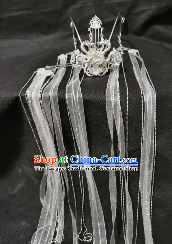 Chinese Ancient Prince Argent Hair Crown Traditional Hanfu Ribbon Tassel Headwear Cosplay Swordsman Chu Wanning Hair Accessories