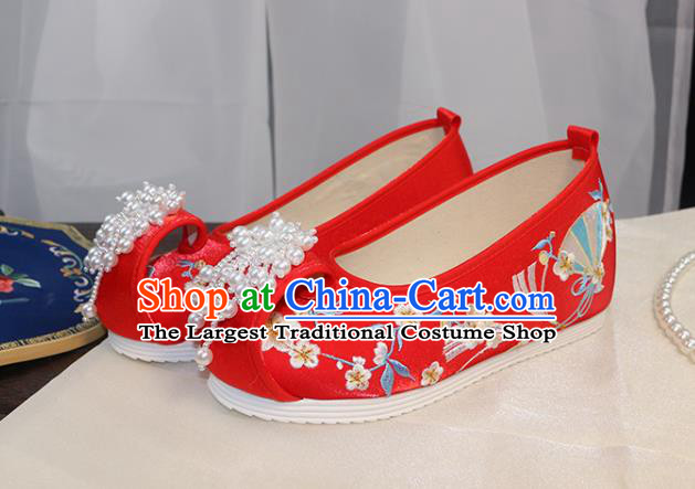 Chinese Ming Dynasty Red Embroidered Shoes Wedding Pearls Tassel Shoes Traditional Hanfu Shoes Ancient Princess Shoes