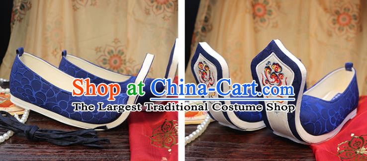 Chinese Ancient Princess Shoes Tang Dynasty Embroidered Shoes Royalblue Cloth Shoes Traditional Hanfu Shoes