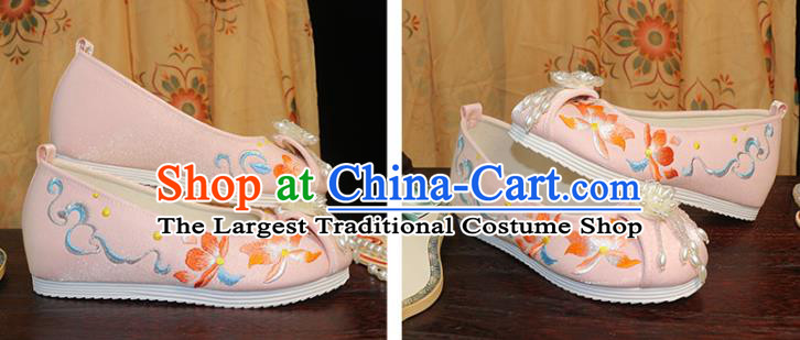 Chinese Pink Cloth Shoes Traditional Ming Dynasty Hanfu Shoes Ancient Princess Shoes Embroidered Lotus Shoes