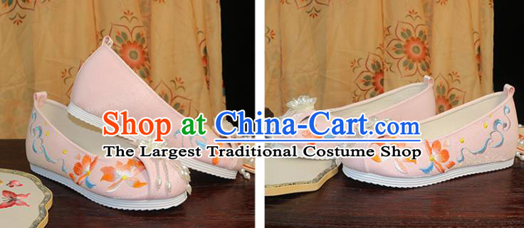 Chinese Pink Cloth Shoes Traditional Ming Dynasty Hanfu Shoes Ancient Princess Shoes Embroidered Lotus Shoes