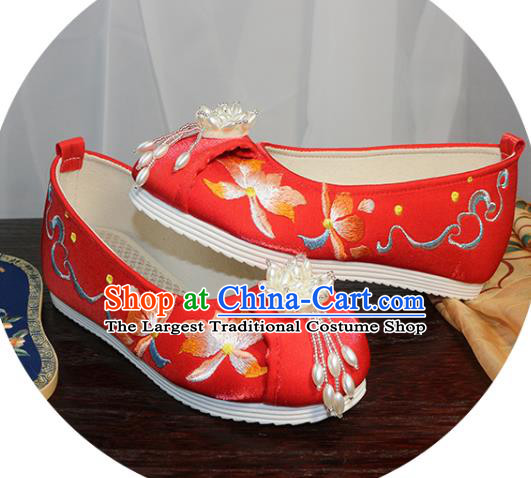 Chinese Embroidered Lotus Shoes Wedding Red Cloth Shoes Traditional Ming Dynasty Hanfu Shoes Ancient Princess Shoes