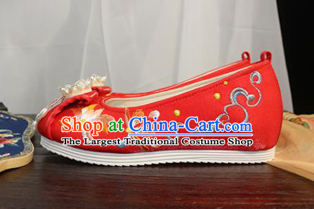 Chinese Embroidered Lotus Shoes Wedding Red Cloth Shoes Traditional Ming Dynasty Hanfu Shoes Ancient Princess Shoes