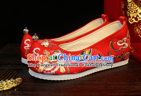 Chinese Ancient Princess Bow Shoes Embroidered Lion Shoes Wedding Red Cloth Shoes Traditional Ming Dynasty Hanfu Shoes