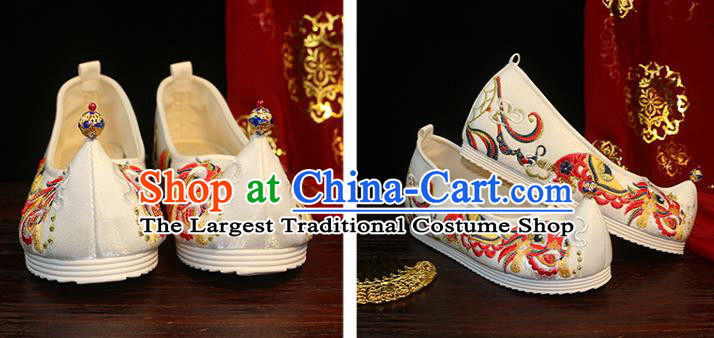 Chinese Traditional Ming Dynasty Hanfu Shoes Ancient Princess Bow Shoes Embroidered Lion Shoes White Satin Shoes