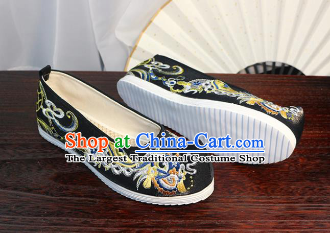 Chinese Black Satin Shoes Traditional Ming Dynasty Hanfu Shoes Ancient Princess Bow Shoes Embroidered Lion Shoes