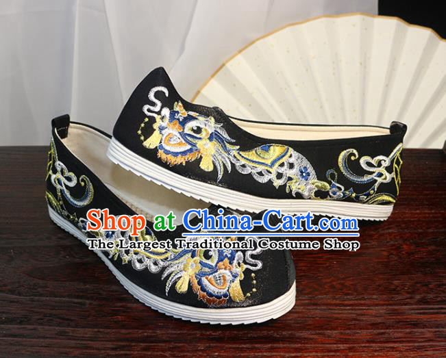 Chinese Black Satin Shoes Traditional Ming Dynasty Hanfu Shoes Ancient Princess Bow Shoes Embroidered Lion Shoes