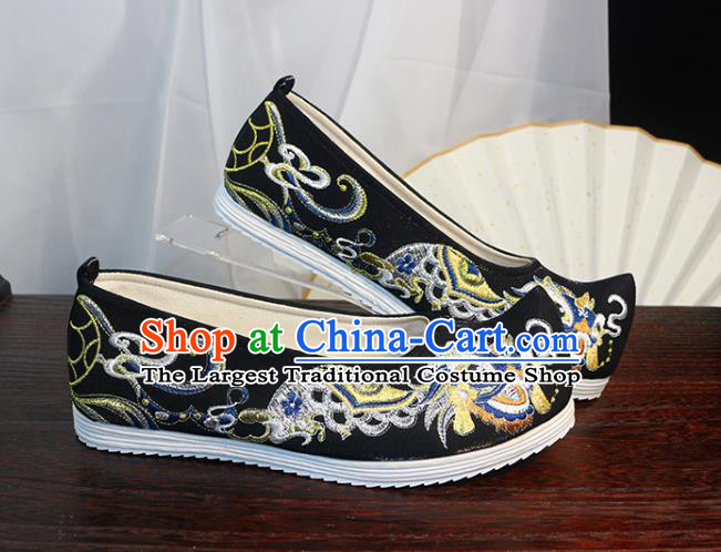 Chinese Black Satin Shoes Traditional Ming Dynasty Hanfu Shoes Ancient Princess Bow Shoes Embroidered Lion Shoes