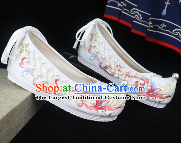 Chinese Traditional Ming Dynasty Hanfu Shoes Ancient Princess Bow Shoes Embroidered Shoes White Satin Shoes