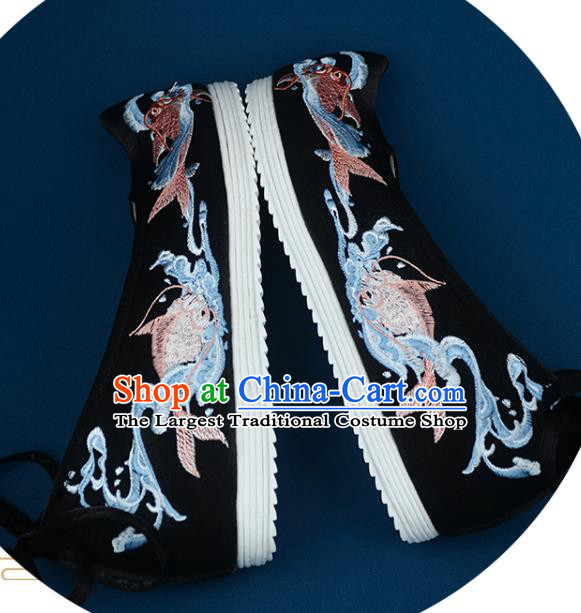 Chinese Ancient Princess Hanfu Shoes Traditional Ming Dynasty Embroidered Shoes Handmade Black Cloth Shoes